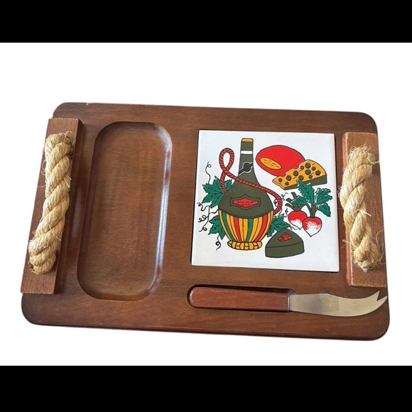 Other - Vintage Mid-Century Modern Teakwood Ceramic Tile Handled Cheese Cutting Board